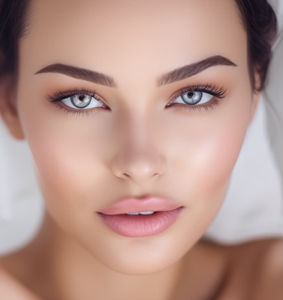 The image shows a close-up portrait of a beautiful young woman with striking facial features. She has large, expressive blue eyes that are the focal point of the photo. Her eyebrows are well-defined and groomed. She has flawless, smooth skin and full, pink lips. Her dark hair is pulled back, keeping the focus on her face. The lighting highlights her features and creates a soft, ethereal look. The image conveys a sense of beauty, elegance and allure.